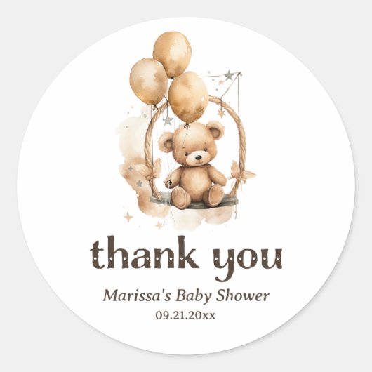 Thank You Teddy Bear Baby Showerステッカー ラウンドシール (正面)