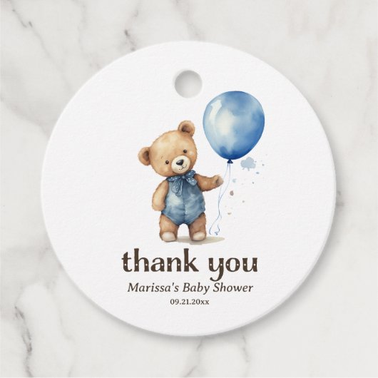 Thank You Teddy Bear Boy Baby Shower フェイバータグ (正面)