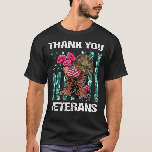 Thank You Veterans Combat Boots Poppy Flower Veter Tシャツ (正面)
