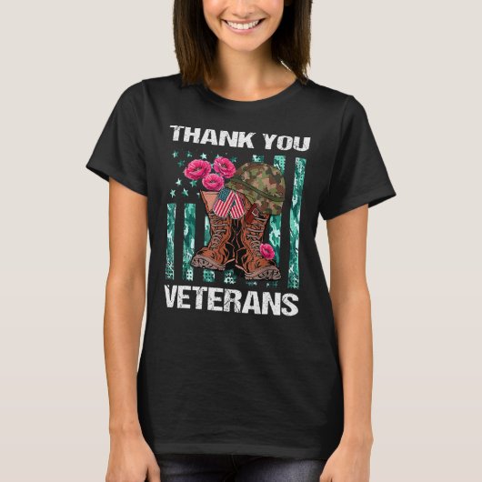 Thank You Veterans Combat Boots Poppy Flower Veter Tシャツ (正面)