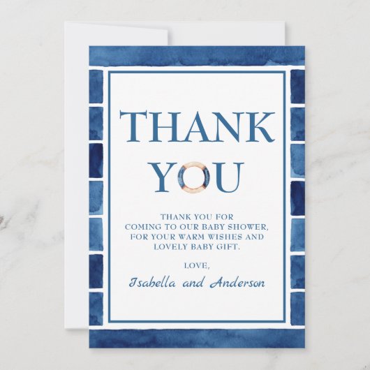 Thank You Water Colorをテーマにした航海のベビーシャワー サンキューカード (正面)