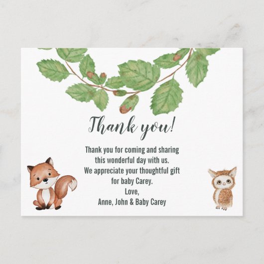 Thank You Water Color Woodland Animals ポストカード (正面)