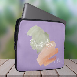 Thank You Watercolor Peach and Green カスタムネーム ラップトップスリーブ