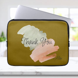 Thank You Watercolor Peach and Green カスタムネーム ラップトップスリーブ