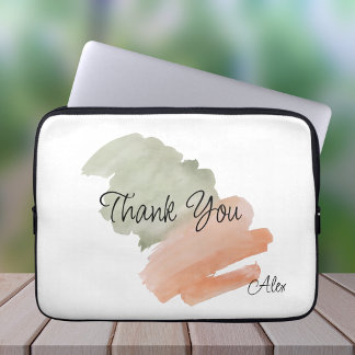Thank You Watercolor Peach and Green カスタムネーム ラップトップスリーブ