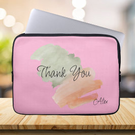 Thank You Watercolor Peach and Green Custom Name ラップトップスリーブ