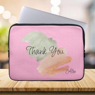 Thank You Watercolor Peach and Green Custom Name ラップトップスリーブ