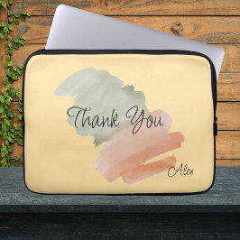 Thank You Watercolor Peach and Green Custom Name ラップトップスリーブ