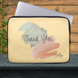 Thank You Watercolor Peach and Green Custom Name ラップトップスリーブ