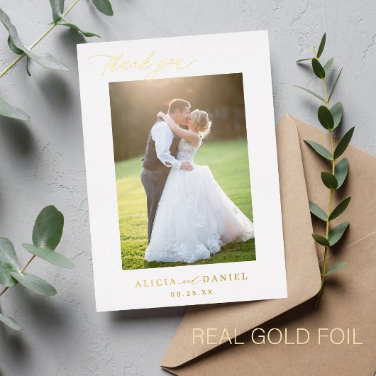 Thank you wedding photo gold script white  箔招待状