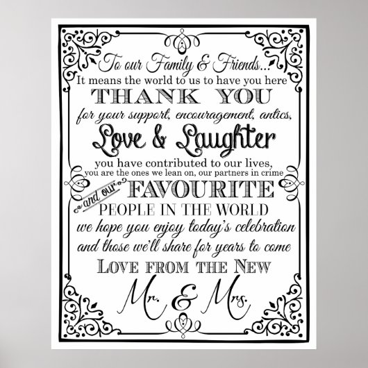 Thank you wedding sign Black & White chalkboard uk ポスター (正面)