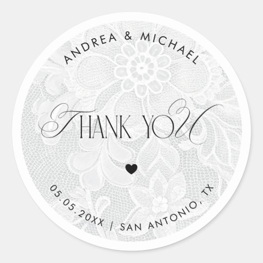 Thank You White Lace Wedding Favor Label ラウンドシール (正面)