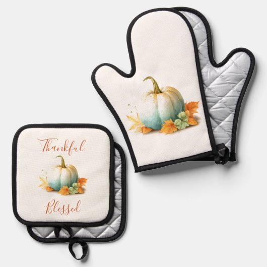 Thankful & Blessed Pumpkin Oven Mitt & Pot Holders 鍋つかみ&鍋敷きセット (正面/裏面)