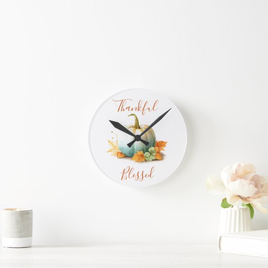 Thankful & Blessed Thanksgiving Pumpkin Wall Clock ラウンド壁時計 (ホーム)