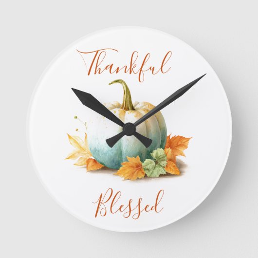 Thankful & Blessed Thanksgiving Pumpkin Wall Clock ラウンド壁時計 (正面)