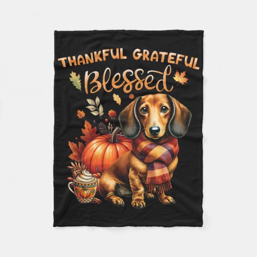 Thankful Grateful Blessed Dachshund Dog Fall Y'all フリースブランケット (正面)