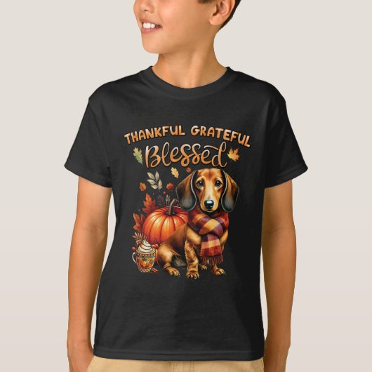 Thankful Grateful Blessed Dachshund Dog Fall Y'all Tシャツ (正面)
