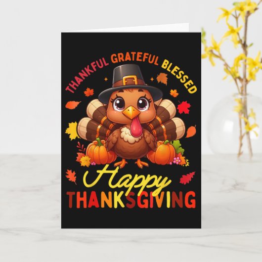Thankful Grateful Blessed Happy Thanksgiving Turke カード (黄色い花)