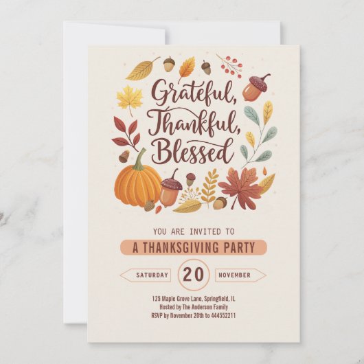 Thankful Grateful Blessed leaf Thanksgiving Fall 招待状 (正面)