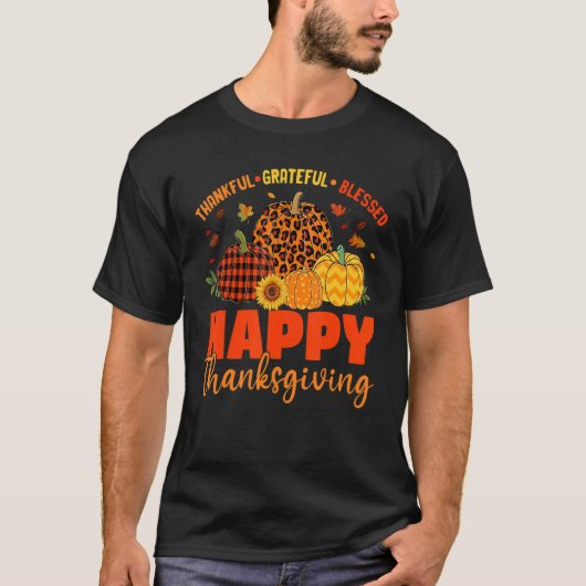 Thankful Grateful Blessed Leopard Plaid Pumpkin Th Tシャツ (正面)
