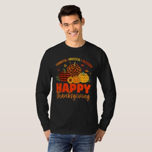 Thankful Grateful Blessed Leopard Plaid Pumpkin Th Tシャツ (正面フル)