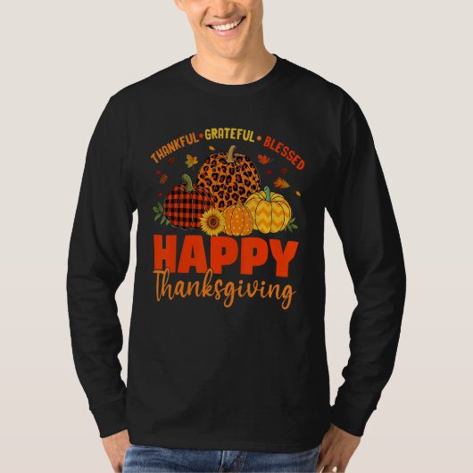 Thankful Grateful Blessed Leopard Plaid Pumpkin Th Tシャツ (正面)