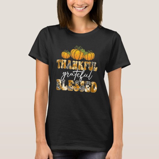 Thankful Grateful & Blessed Leopard Pumpkin Thanks Tシャツ (正面)