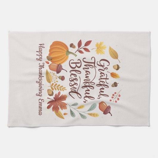 Thankful Grateful Blessed Thanksgiving Fall キッチンタオル (横)
