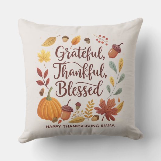 Thankful Grateful Blessed Thanksgiving Fall クッション (裏面)