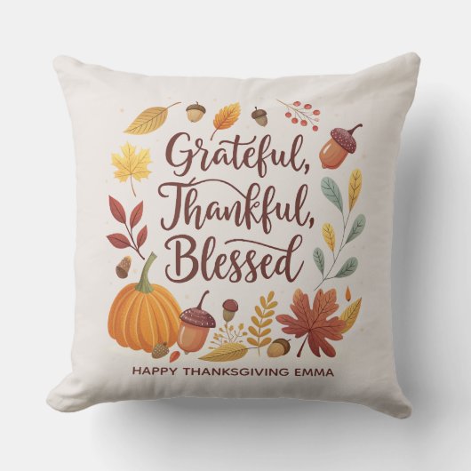 Thankful Grateful Blessed Thanksgiving Fall クッション (正面)