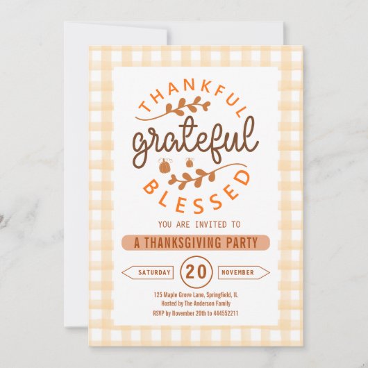 Thankful Grateful Blessed Thanksgiving Party 招待状 (正面)