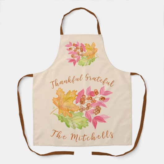 Thankful Grateful Watercolor Leaves Berries Unisex エプロン (正面)