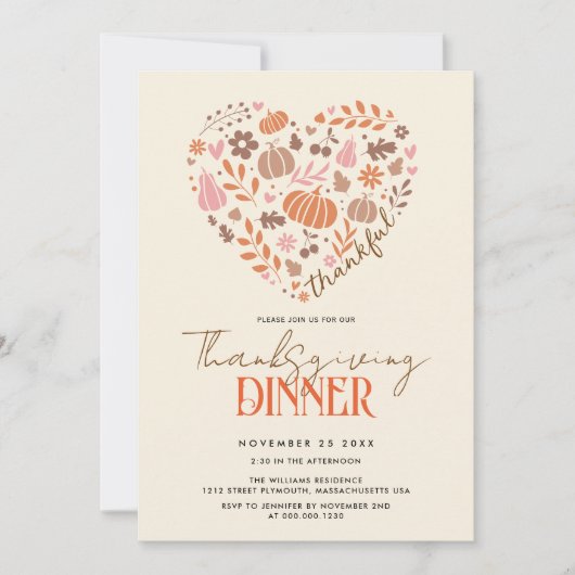 Thankful heart with pumpkins Thanksgiving dinner 招待状 (正面)