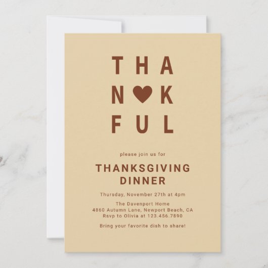 Thankful Modern Minimalist Thanksgiving Dinner 招待状 (正面)