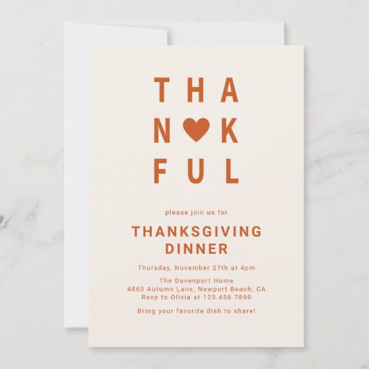 Thankful Modern Minimalist Thanksgiving Dinner 招待状 (正面)