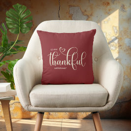 Thankful Personalized Family Name Burgundy クッション