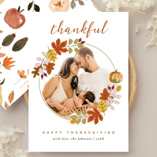 Thankful Script Fall Botanicals Photo Thanksgiving シーズンカード