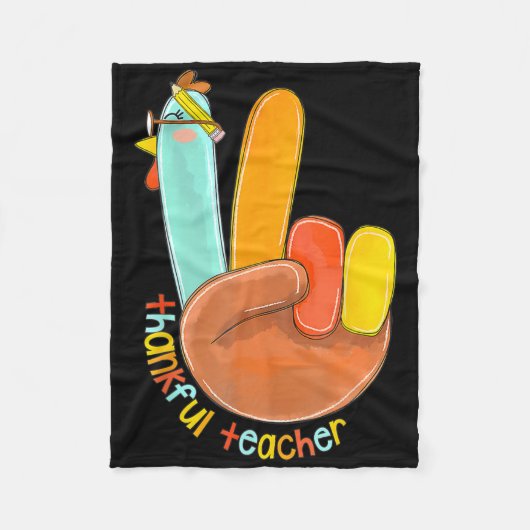 Thankful Teacher Funny Thanksgiving Peace Hand Sig フリースブランケット (正面)