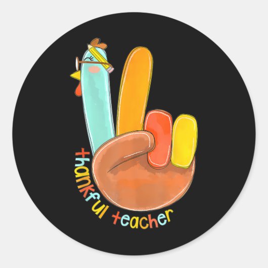 Thankful Teacher Funny Thanksgiving Peace Hand Sig ラウンドシール (正面)