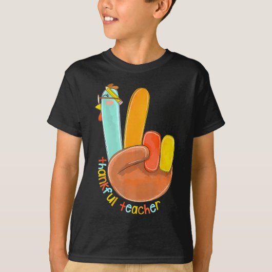 Thankful Teacher Funny Thanksgiving Peace Hand Sig Tシャツ (正面)