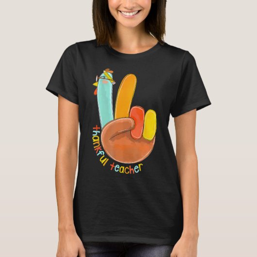 Thankful Teacher Funny Thanksgiving Peace Hand Sig Tシャツ (正面)