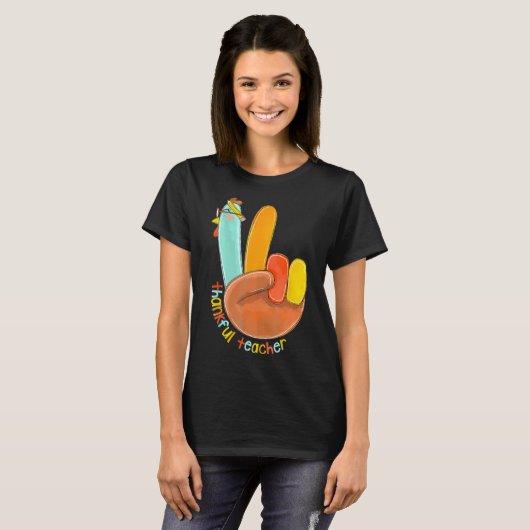 Thankful Teacher Funny Thanksgiving Peace Hand Sig Tシャツ (正面フル)