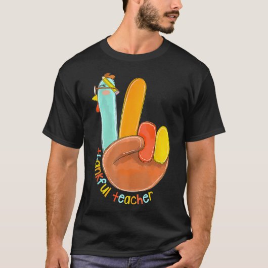 Thankful Teacher Funny Thanksgiving Peace Hand Sig Tシャツ (正面)