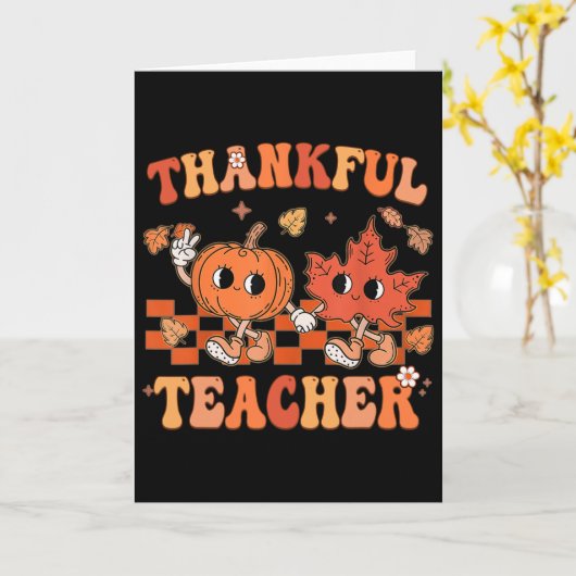 Thankful Teacher Retro Groovy Thanksgiving Fall  カード (黄色い花)