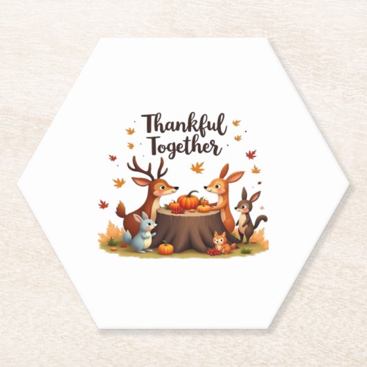 Thankful Together - Cute Woodland Animals Thanksgi ペーパーコースター (正面)