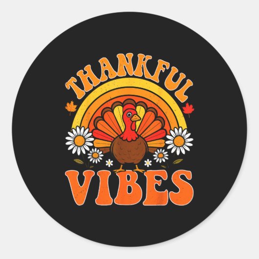 Thankful Vibes Autumn Retro Turkey Thanksgiving Ra ラウンドシール (正面)
