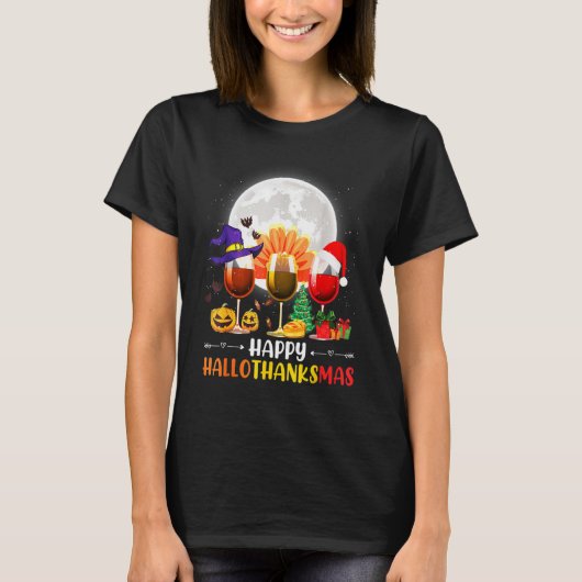 Thankgiving Halloween Wine Glass Happy Hallothanks Tシャツ (正面)