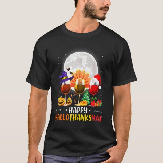Thankgiving Halloween Wine Glass Happy Hallothanks Tシャツ (正面)