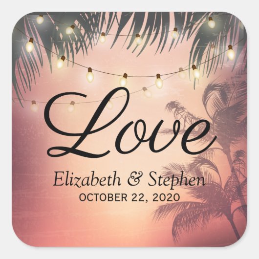 Thanks 結婚 You Summer Palm Trees String Lights スクエアシール (正面)