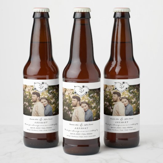 Thanks Floral Heart Wedding Photo Engaged Couple ビールラベル (ボトル)